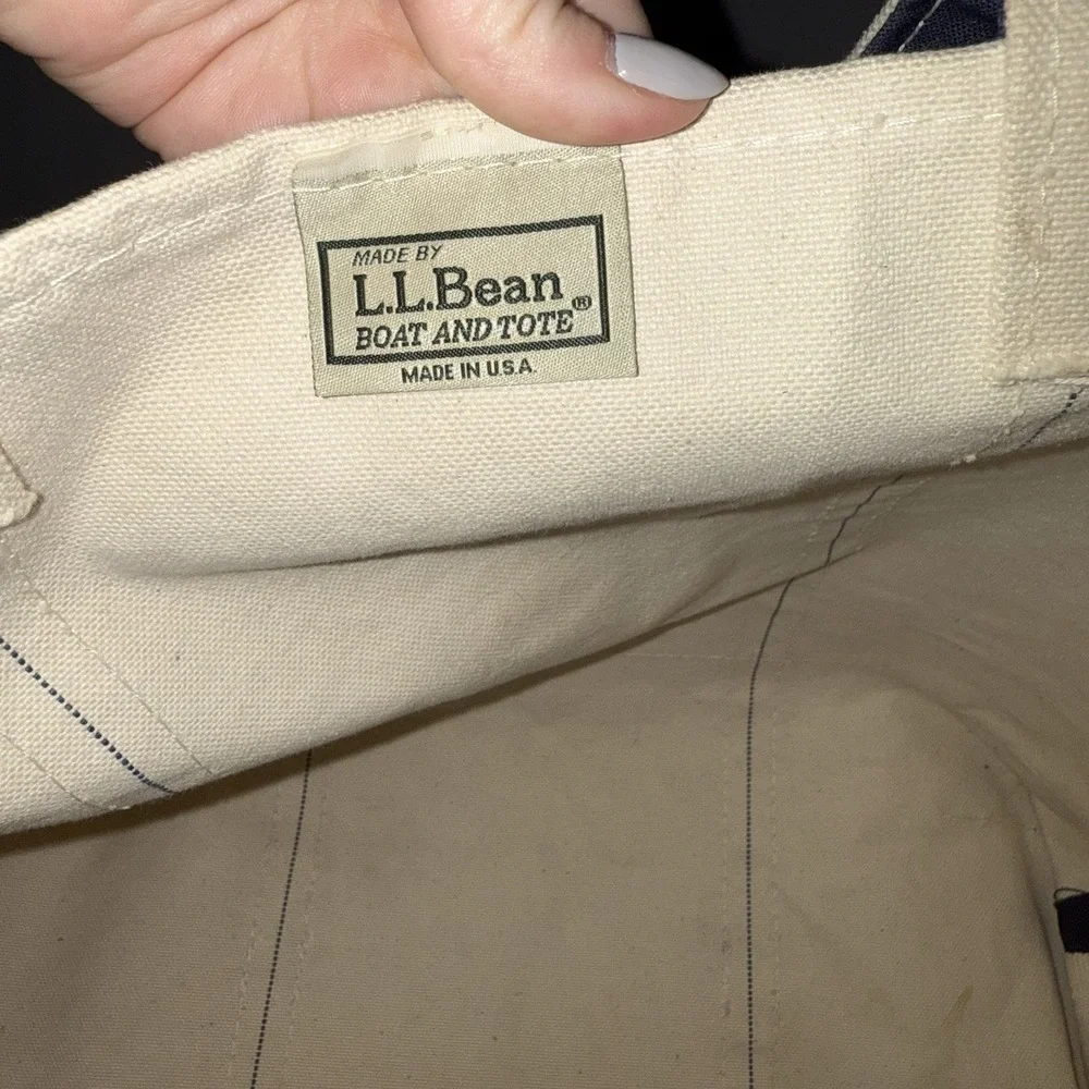 LL Bean Boat Tote Bag USA Canvas Navy Blue Open Top Embroidered Large LDK